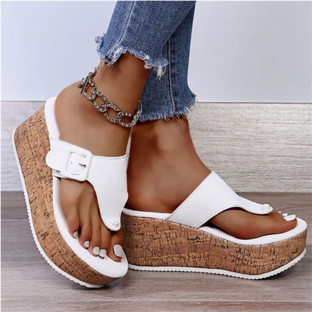 Damen Kork-Keilabsatz Zehentrenner Comfortable Sandals Schnalle - Weiß