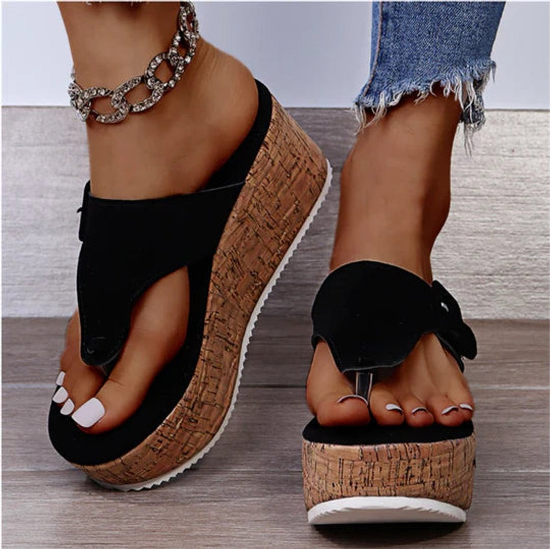 Damen Kork-Keilabsatz Zehentrenner Comfortable Sandals Schnalle - Schwarz