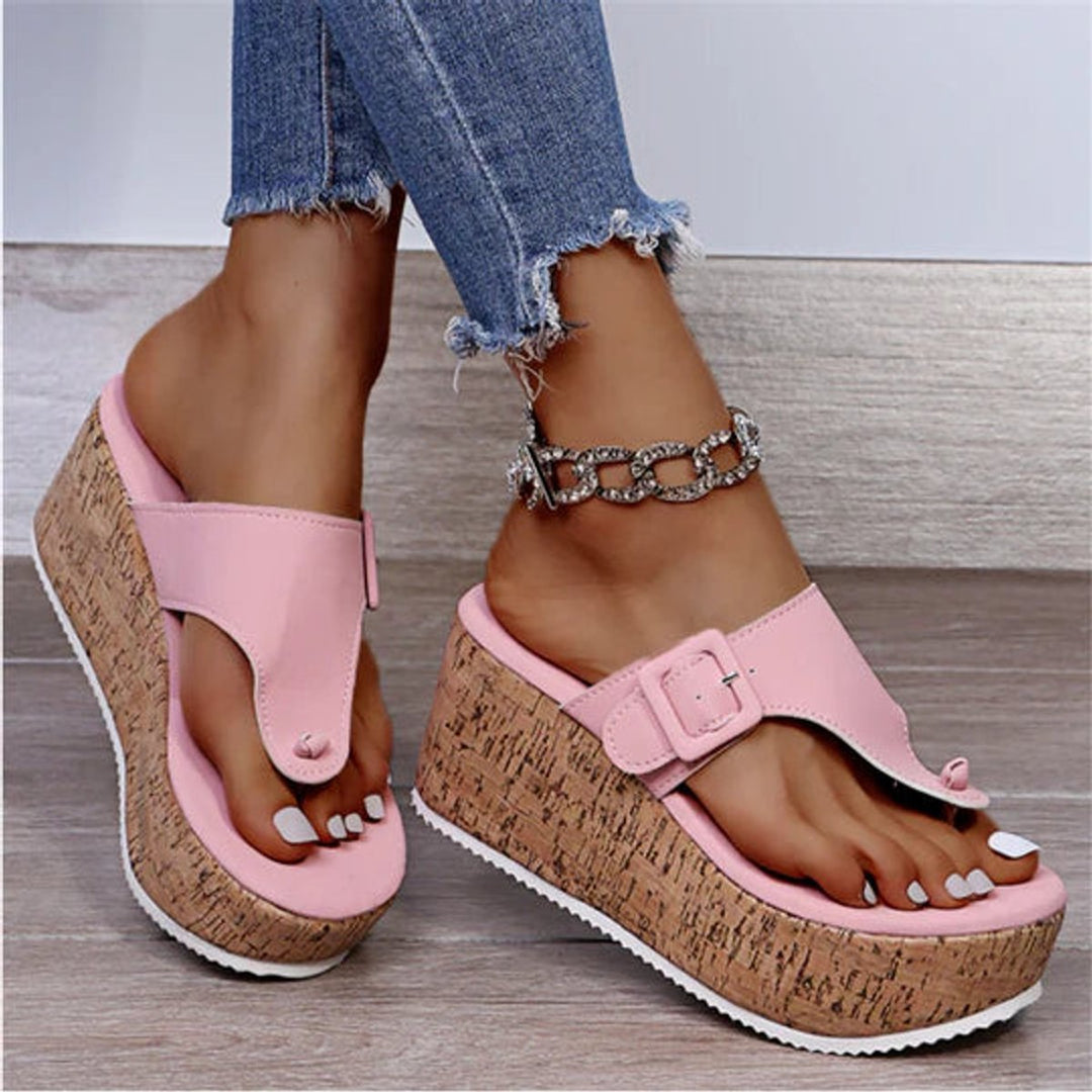 Damen Kork-Keilabsatz Zehentrenner Comfortable Sandals Schnalle - Rosa
