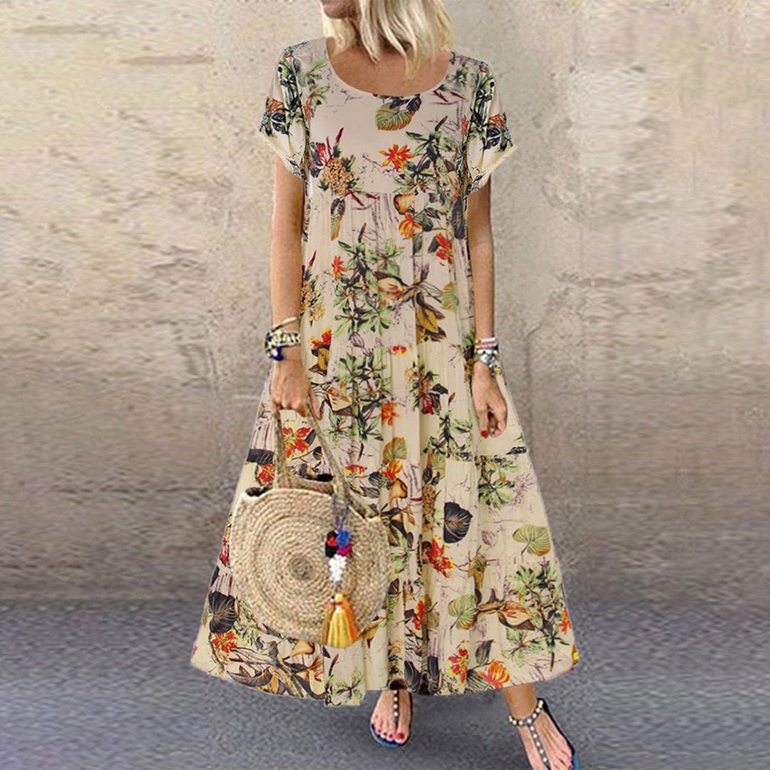 Damen Kurzarm Blumen Maxi Sommerkleid Locker Weit - Orange