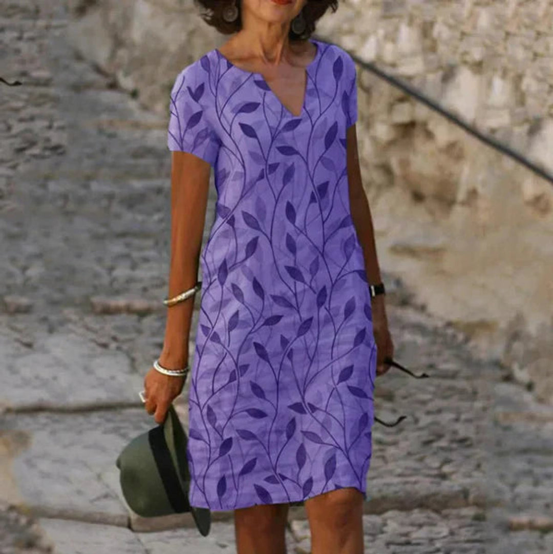 Damen Kurzarm Sommerkleid mit V-Ausschnitt Blattmuster Midikleid - Lila