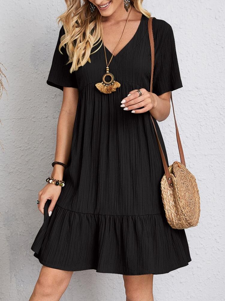 Damen Kurzarm V-Ausschnitt Babydoll Sommerkleid mit Rüschensaum - Black