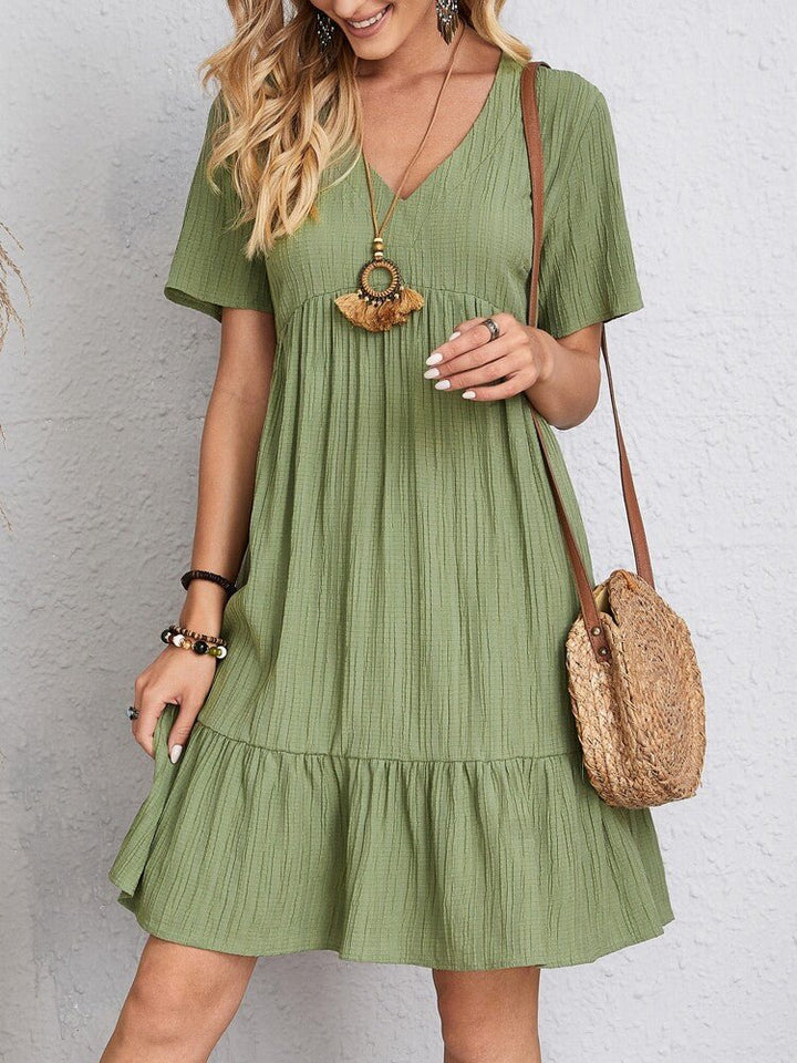 Damen Kurzarm V-Ausschnitt Babydoll Sommerkleid mit Rüschensaum - Green