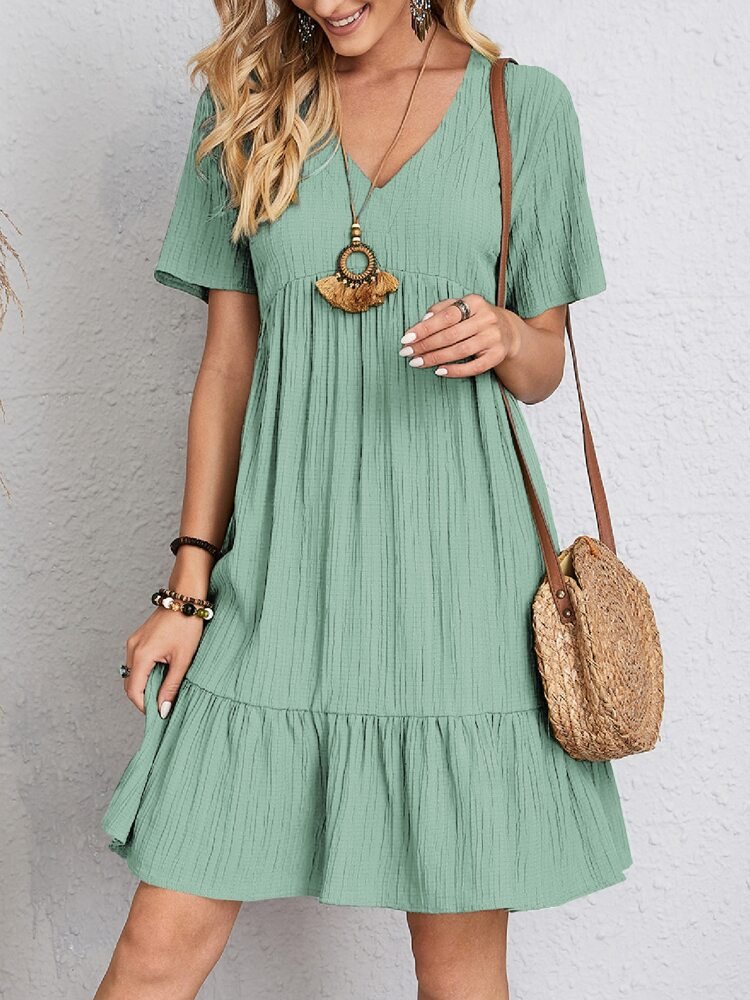 Damen Kurzarm V-Ausschnitt Babydoll Sommerkleid mit Rüschensaum - Light Green