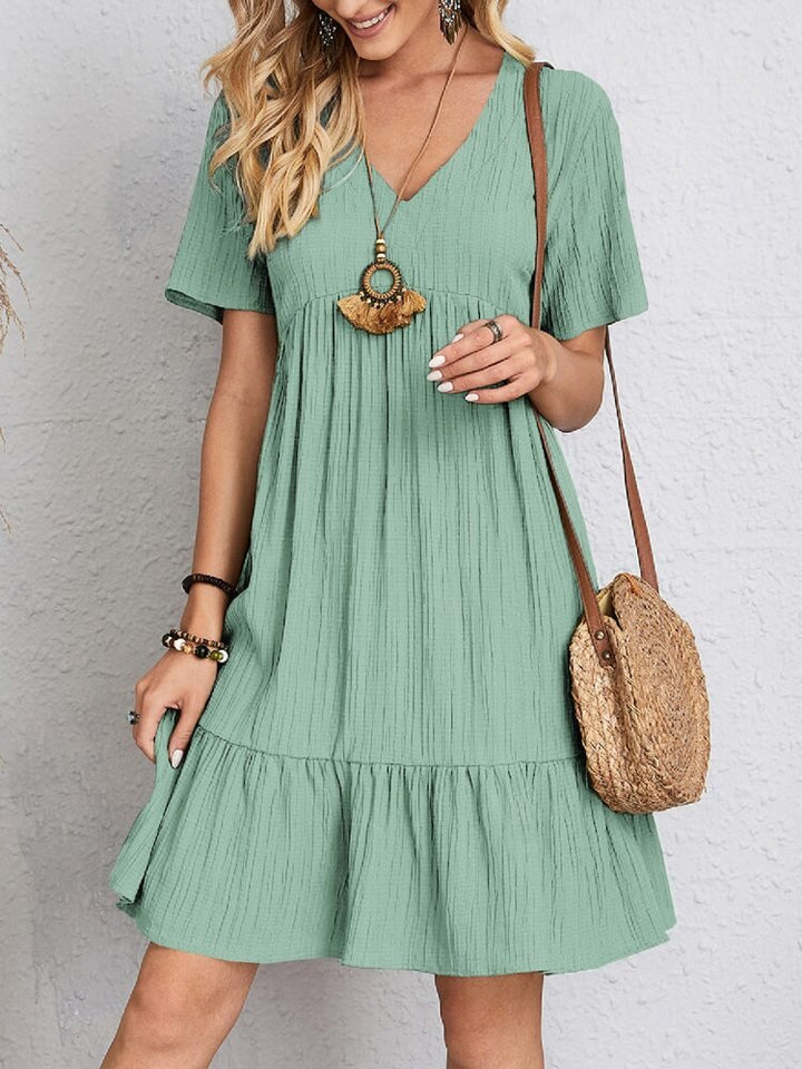 Damen Kurzarm V-Ausschnitt Babydoll Sommerkleid mit Rüschensaum - Light Green