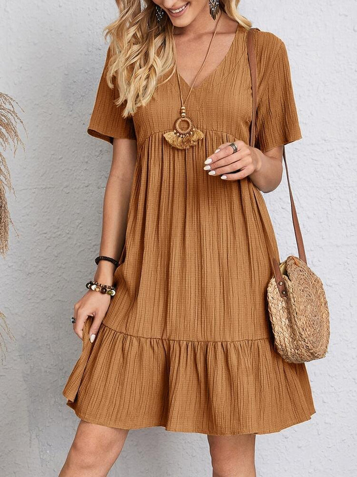 Damen Kurzarm V-Ausschnitt Babydoll Sommerkleid mit Rüschensaum - Brown