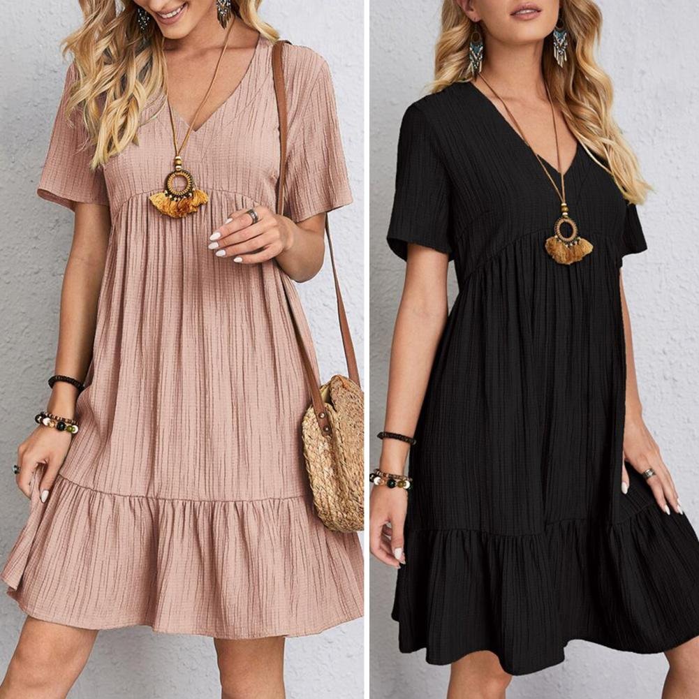 Damen Kurzarm V-Ausschnitt Babydoll Sommerkleid mit Rüschensaum