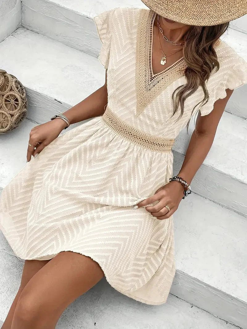 Damen Kurzärmeliges Sommerkleid mit V-Ausschnitt und Spitzendetails