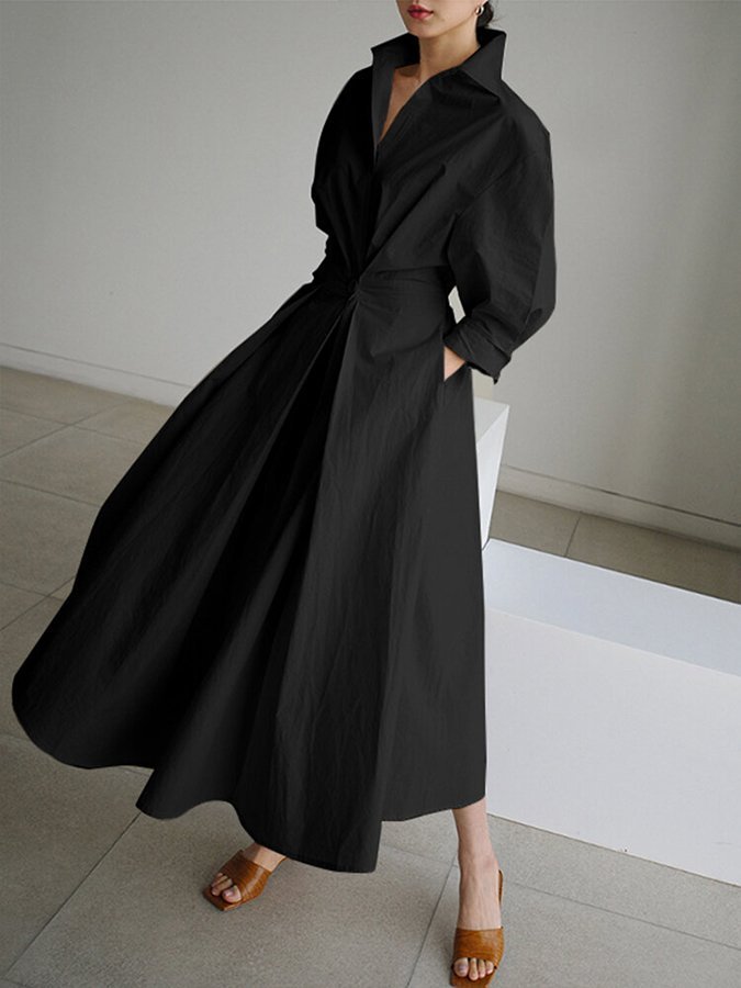 Damen Langarm Maxi Hemdkleid mit Knopfleiste