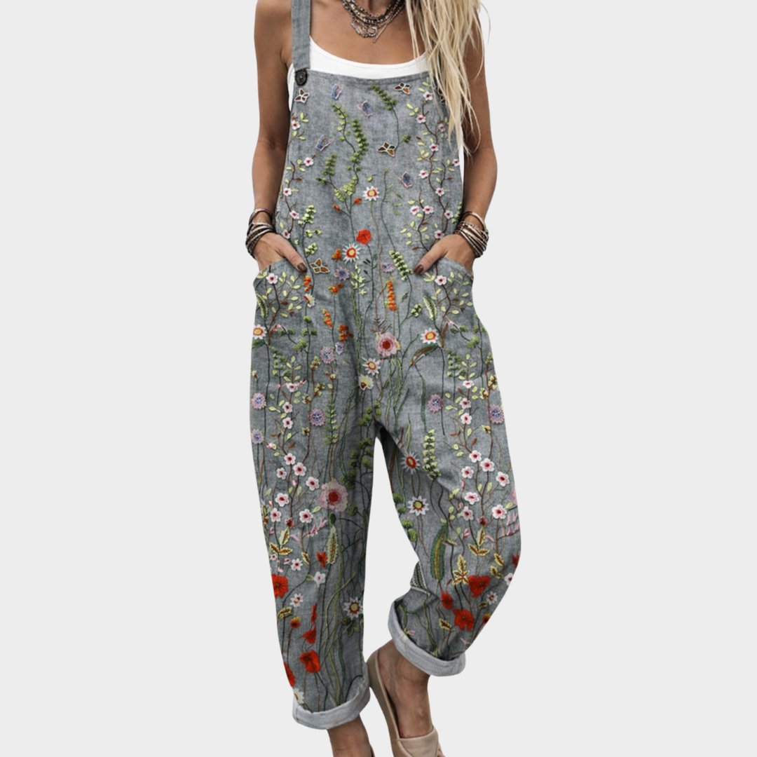Damen Latzhose mit Blumenmuster Leinen-Mix Overall - Grey / Floral