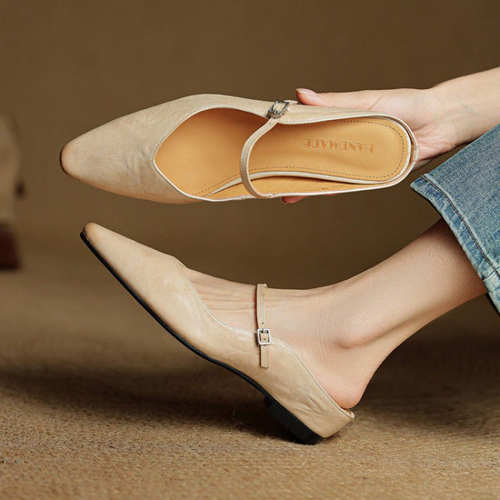 Damen Leder Mules Spitz Mary Jane Riemchen - Beige
