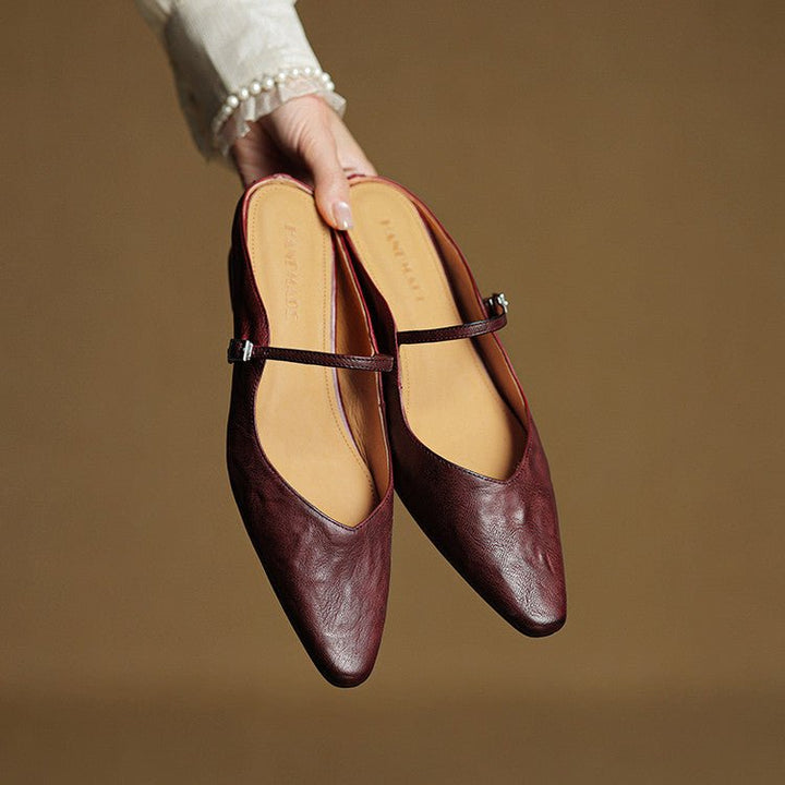 Damen Leder Mules Spitz Mary Jane Riemchen