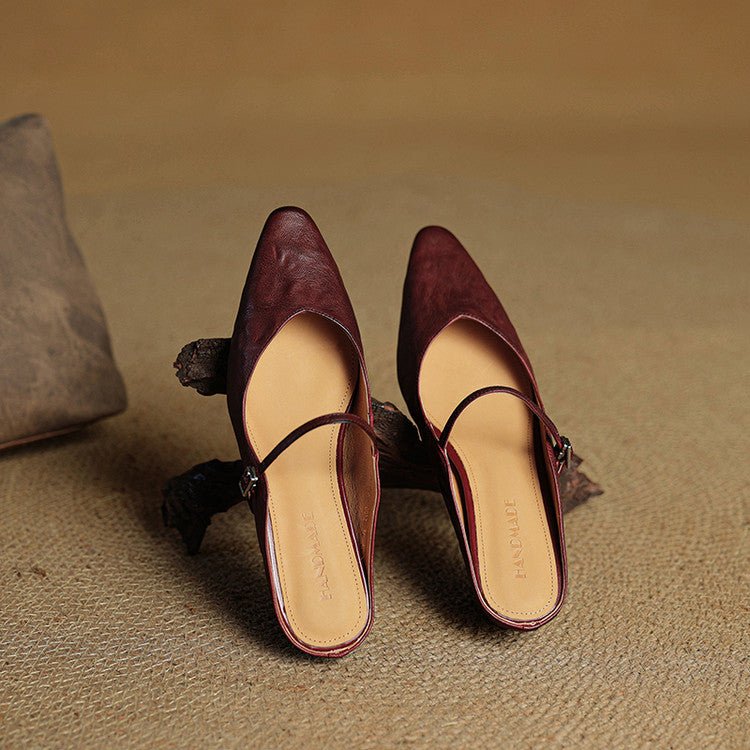 Damen Leder Mules Spitz Mary Jane Riemchen