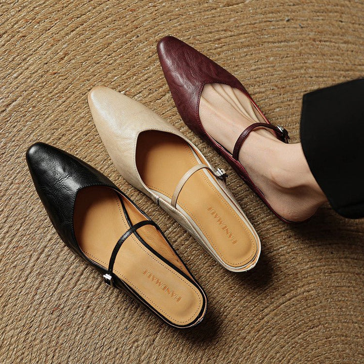 Damen Leder Mules Spitz Mary Jane Riemchen