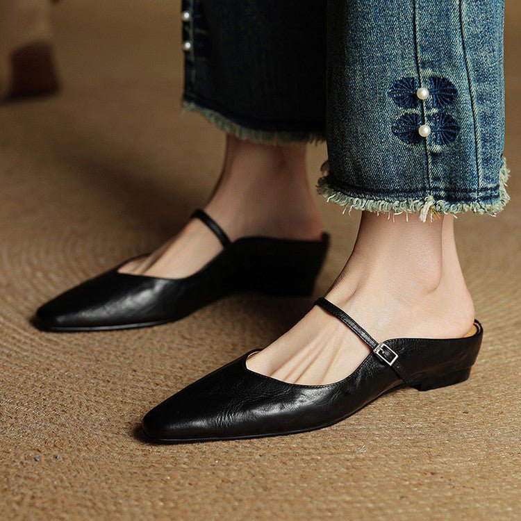 Damen Leder Mules Spitz Mary Jane Riemchen - Black