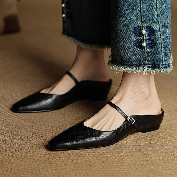 Damen Leder Mules Spitz Mary Jane Riemchen - Black