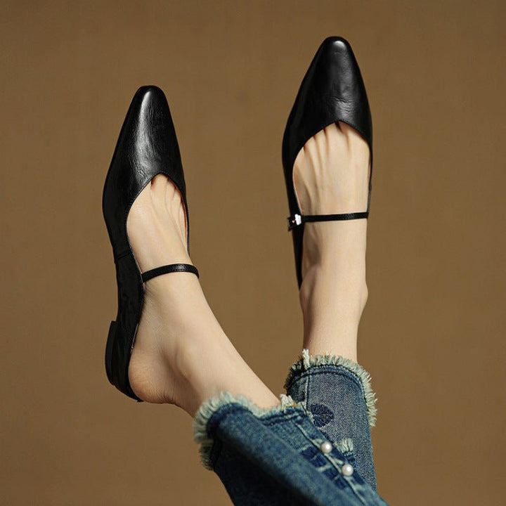 Damen Leder Mules Spitz Mary Jane Riemchen