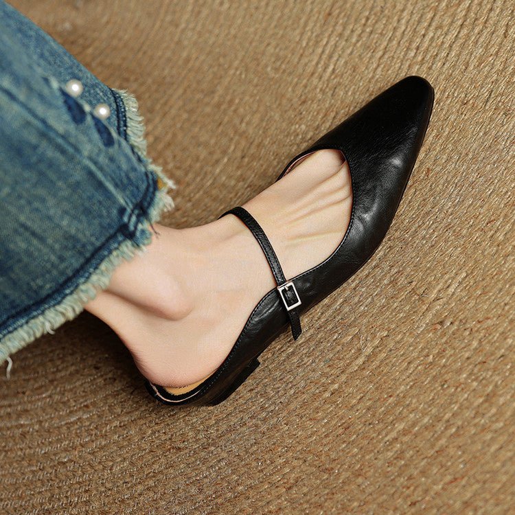 Damen Leder Mules Spitz Mary Jane Riemchen