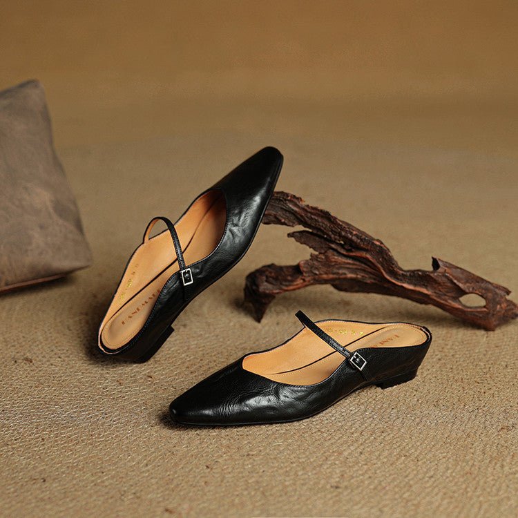 Damen Leder Mules Spitz Mary Jane Riemchen
