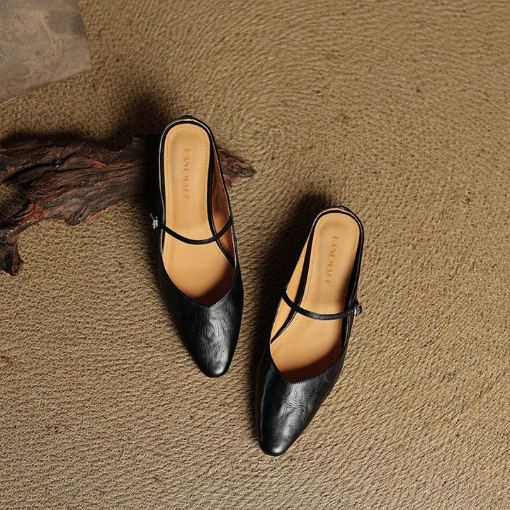 Damen Leder Mules Spitz Mary Jane Riemchen