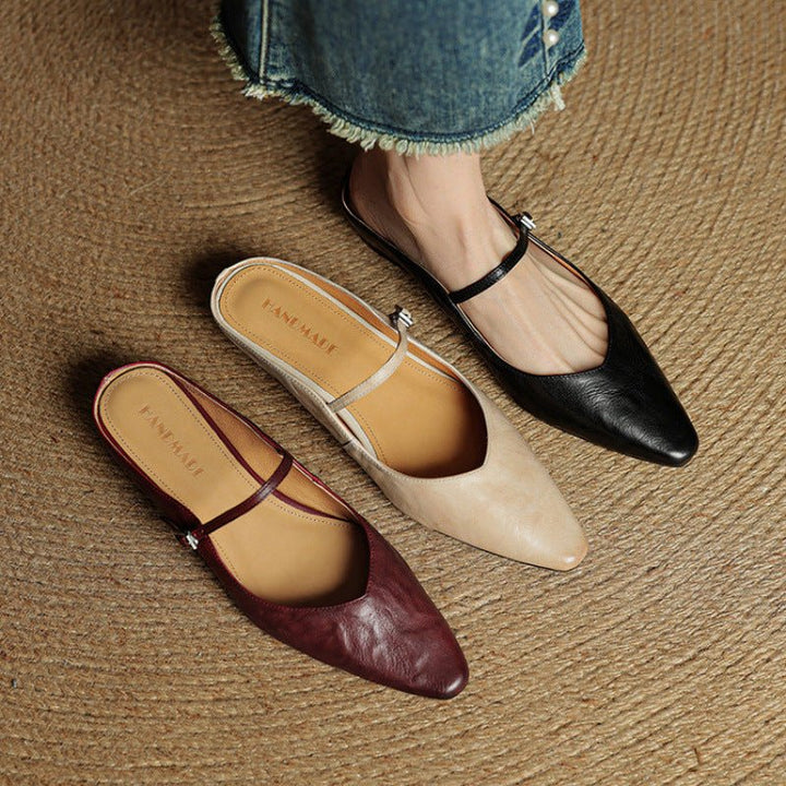 Damen Leder Mules Spitz Mary Jane Riemchen