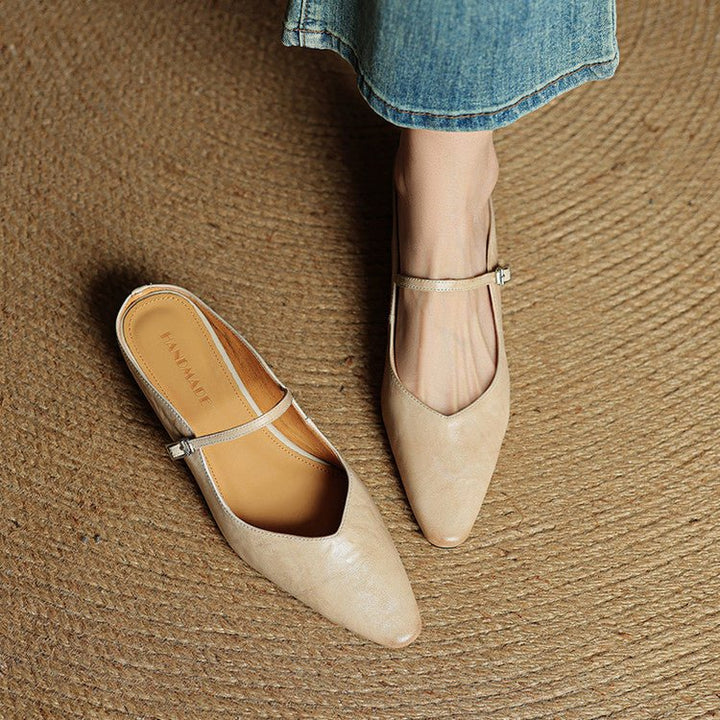 Damen Leder Mules Spitz Mary Jane Riemchen