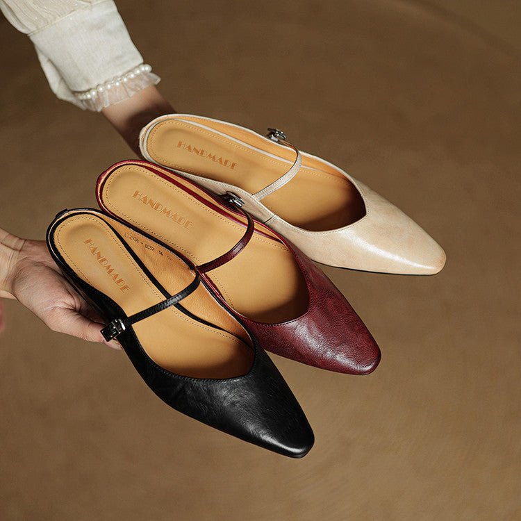 Damen Leder Mules Spitz Mary Jane Riemchen