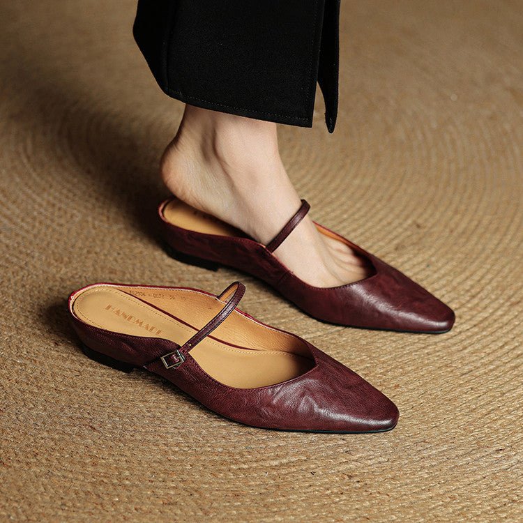Damen Leder Mules Spitz Mary Jane Riemchen - Maroon