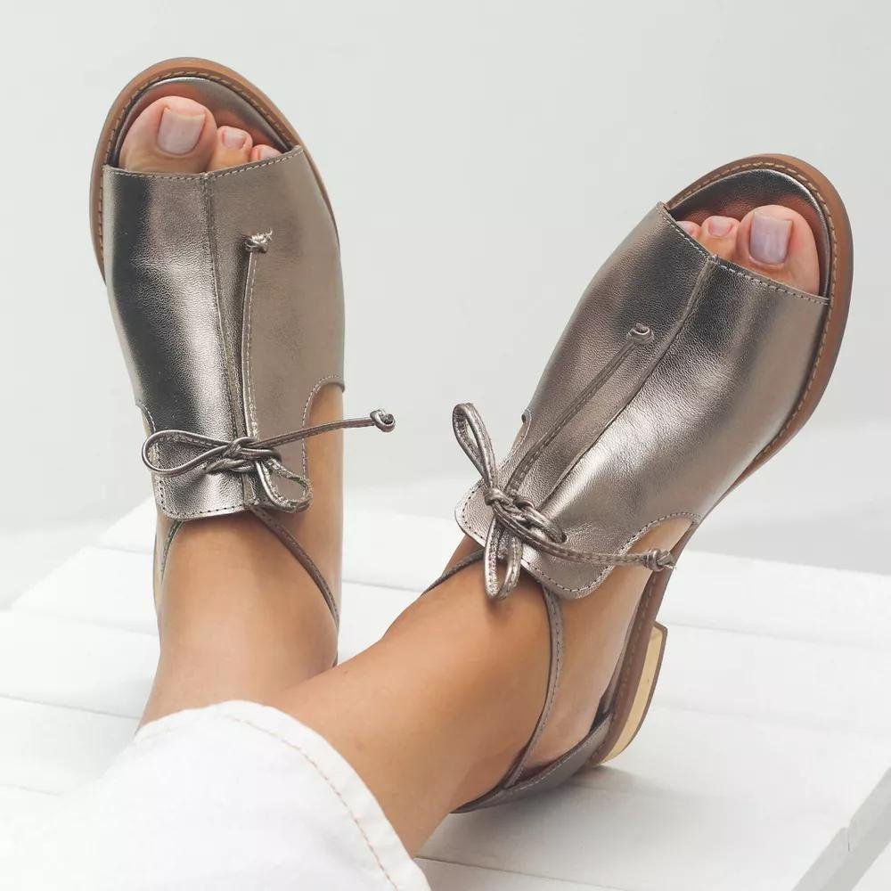 Damen Leder Sandalen mit Riemen Metallic Schleife Offen - Champagne
