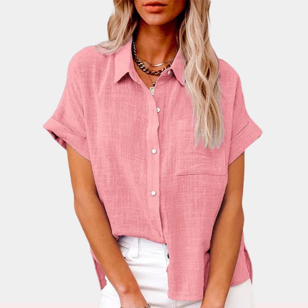 Damen Leichte Kurzarm Baumwoll-Bluse mit Brusttasche - Pink