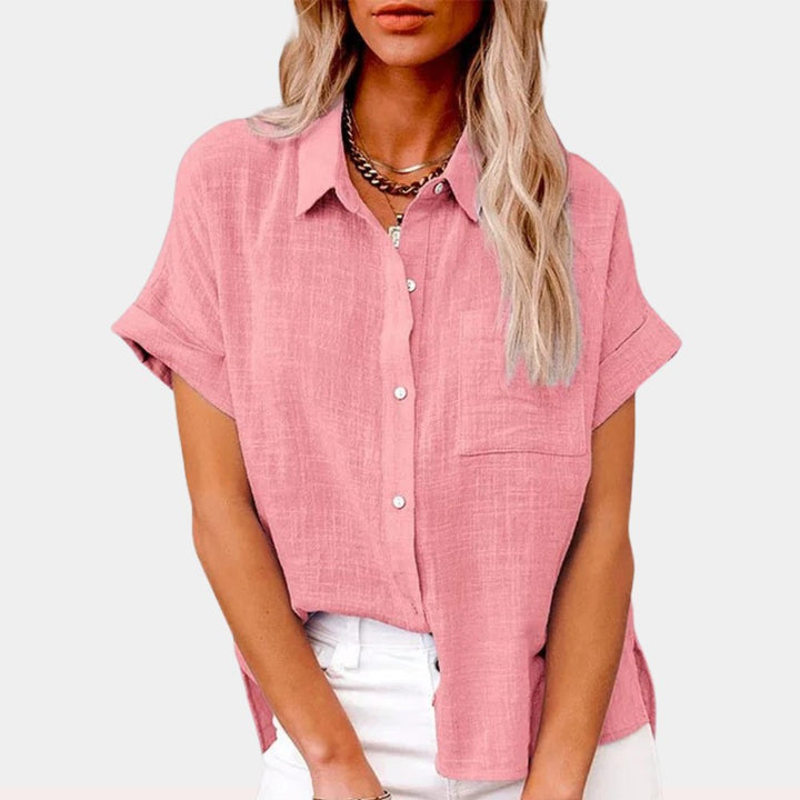 Damen Leichte Kurzarm Baumwoll-Bluse mit Brusttasche - Pink