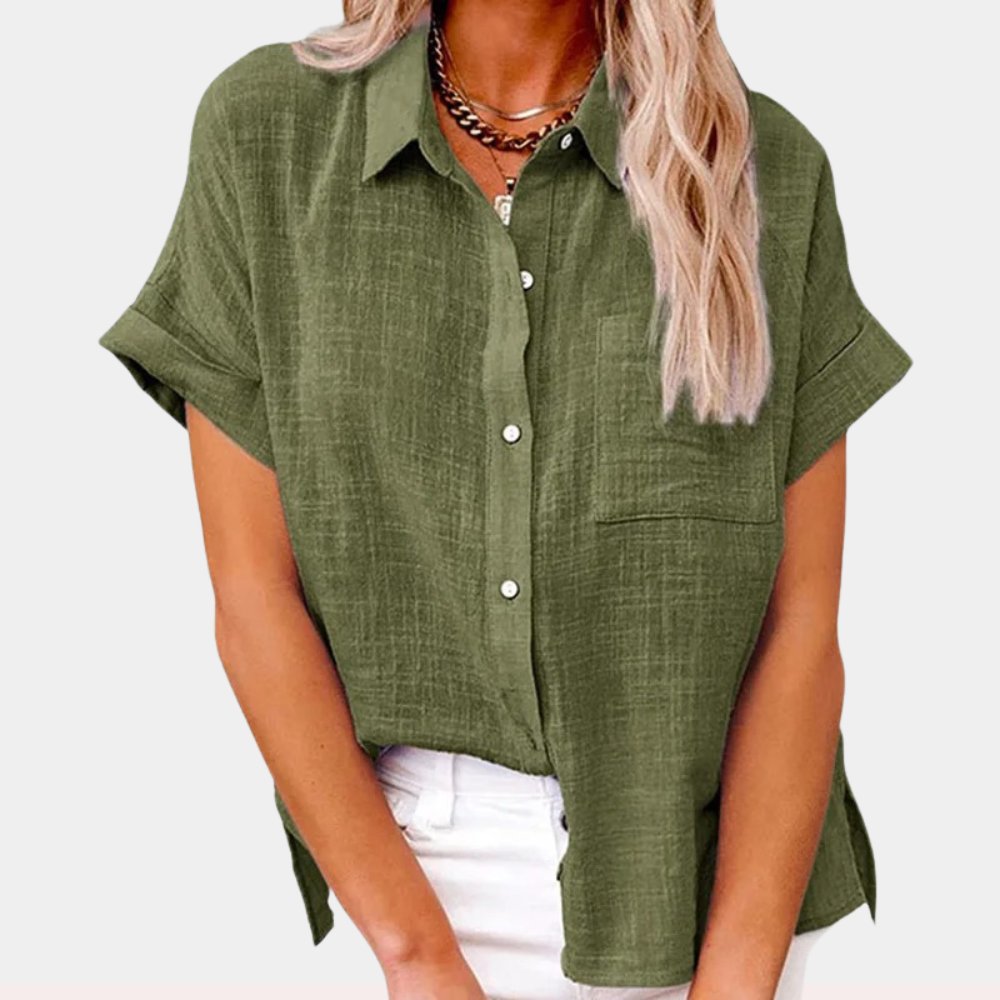 Damen Leichte Kurzarm Baumwoll-Bluse mit Brusttasche - Green