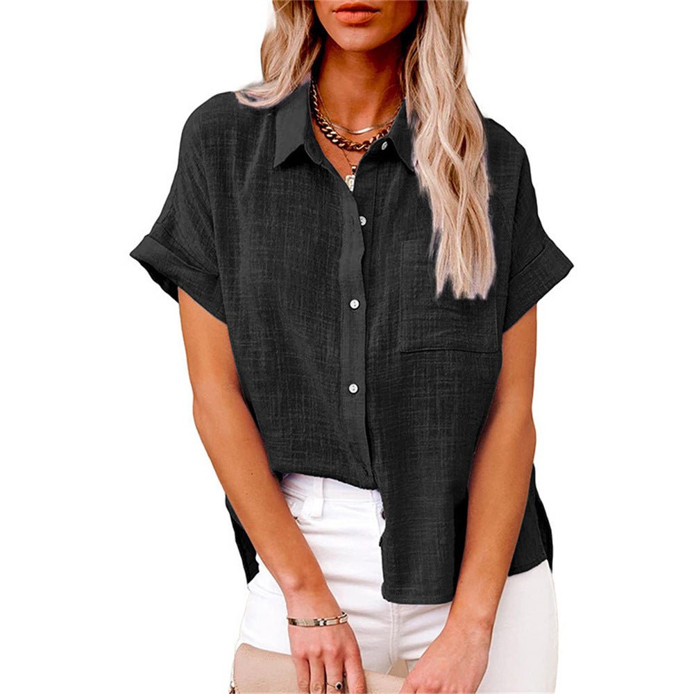Damen Leichte Kurzarm Baumwoll-Bluse mit Brusttasche - Black