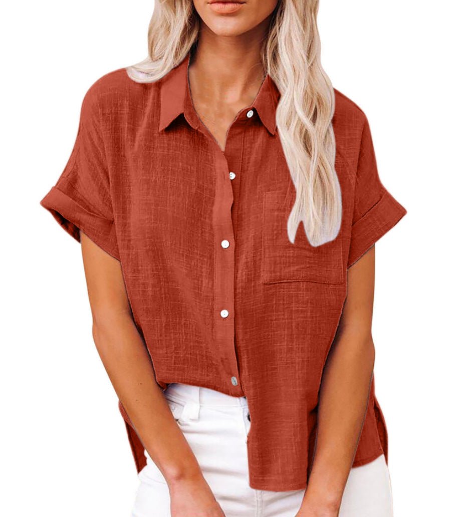 Damen Leichte Kurzarm Baumwoll-Bluse mit Brusttasche - Red