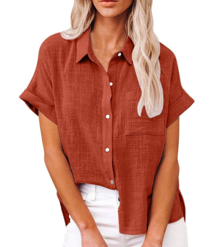 Damen Leichte Kurzarm Baumwoll-Bluse mit Brusttasche - Red