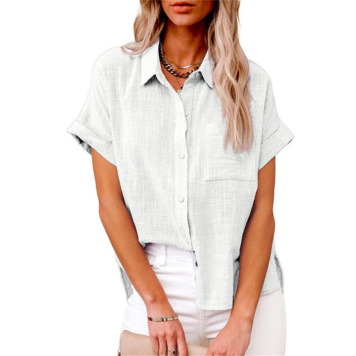 Damen Leichte Kurzarm Baumwoll-Bluse mit Brusttasche - White
