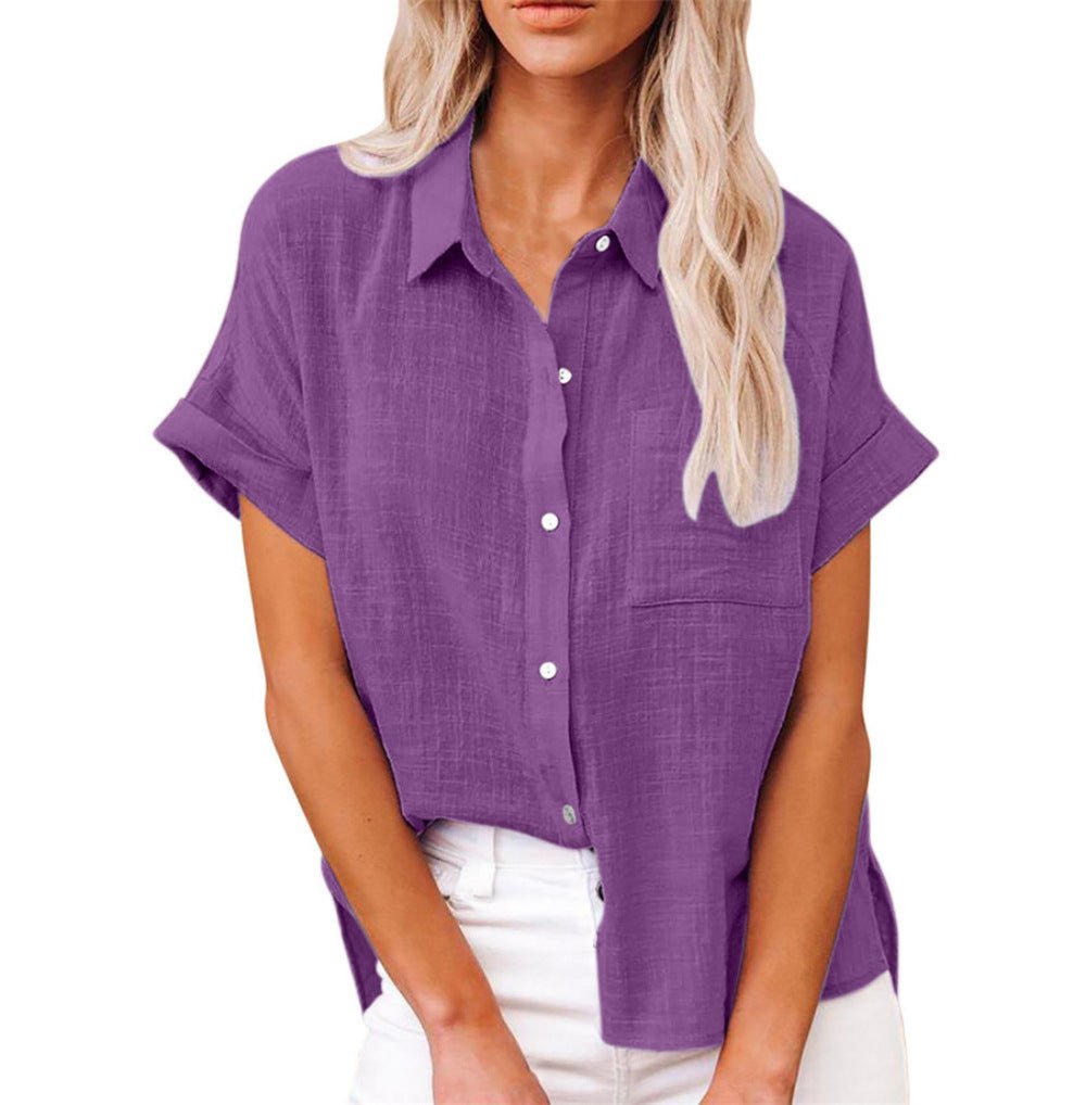 Damen Leichte Kurzarm Baumwoll-Bluse mit Brusttasche - Purple