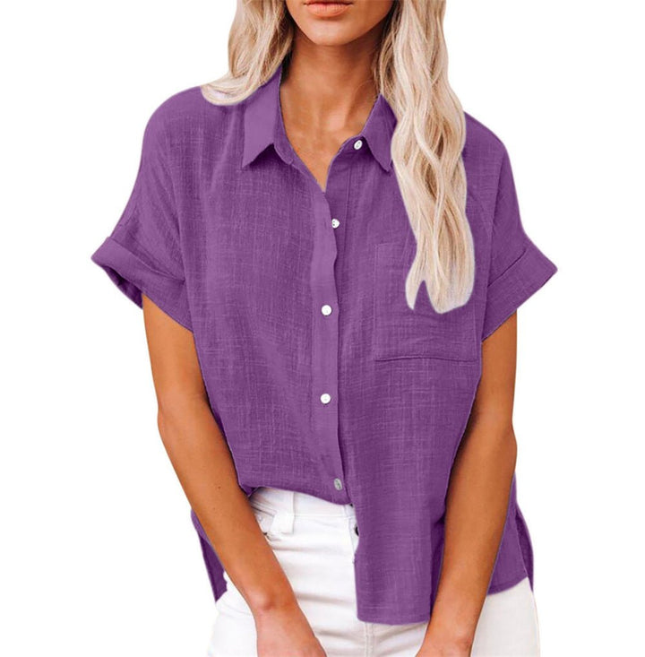 Damen Leichte Kurzarm Baumwoll-Bluse mit Brusttasche - Purple