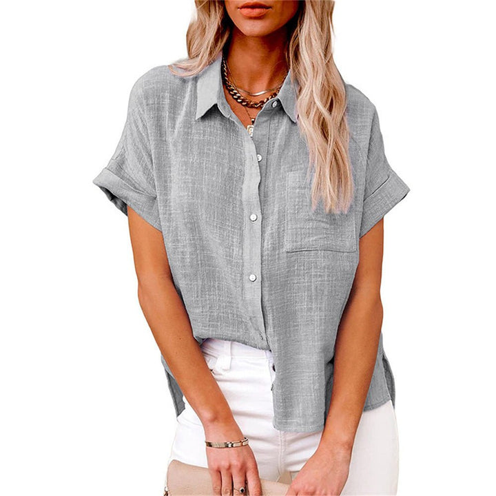 Damen Leichte Kurzarm Baumwoll-Bluse mit Brusttasche - Gray
