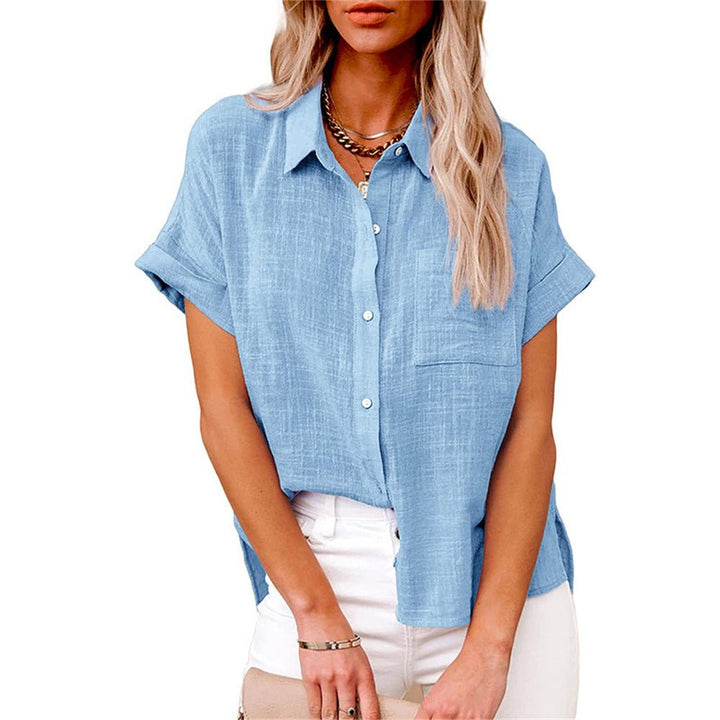 Damen Leichte Kurzarm Baumwoll-Bluse mit Brusttasche - Light Blue