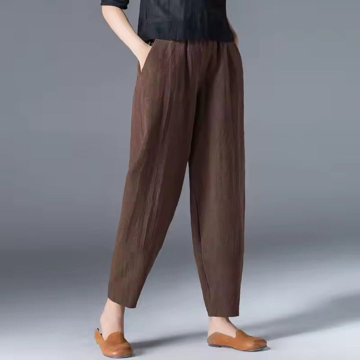Damen Leichte Sommer-Stoffhose mit Elastikbund - Coffee