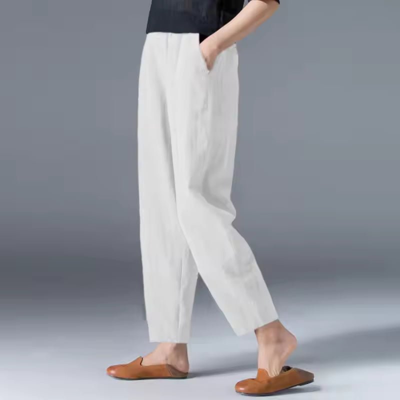Damen Leichte Sommer-Stoffhose mit Elastikbund - White