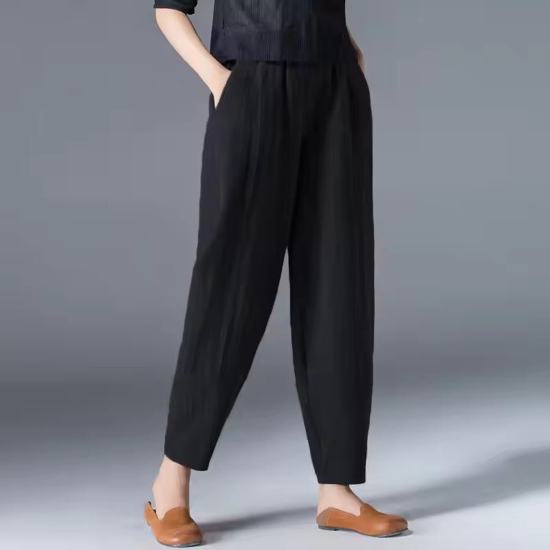 Damen Leichte Sommer-Stoffhose mit Elastikbund - Black