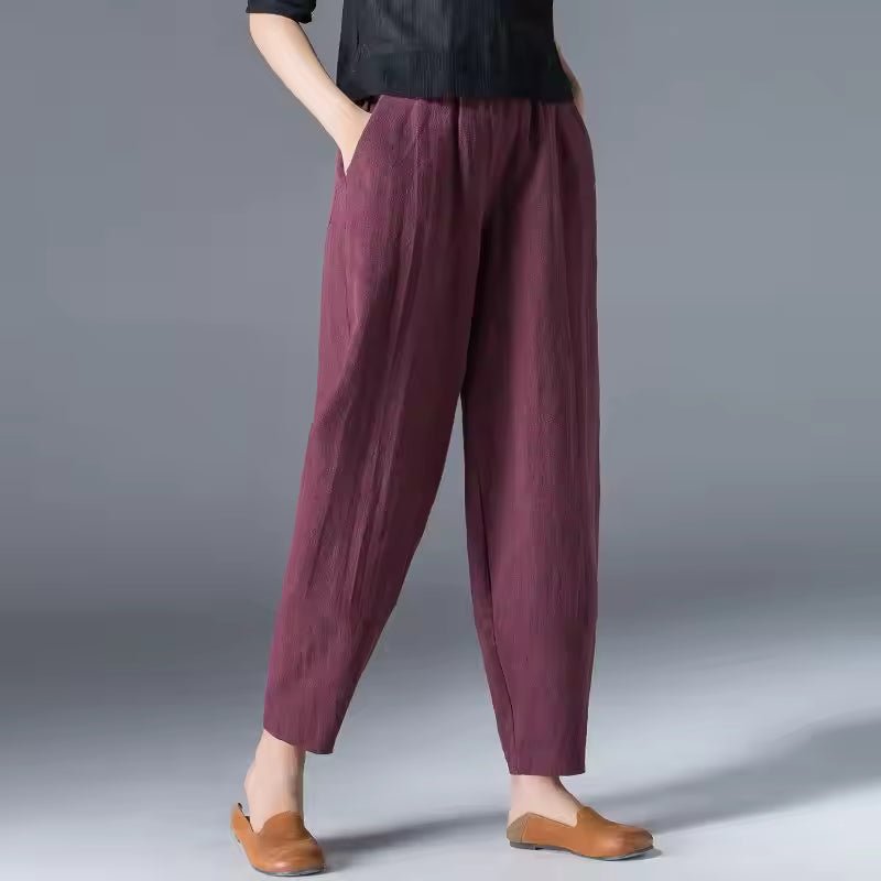 Damen Leichte Sommer-Stoffhose mit Elastikbund - Burgundy