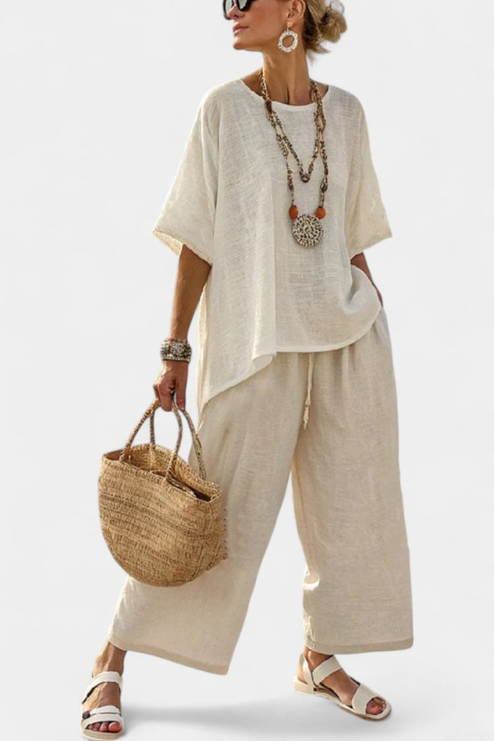 Damen Leinen Asymmetrisch Weites Zweiteiler Set - White