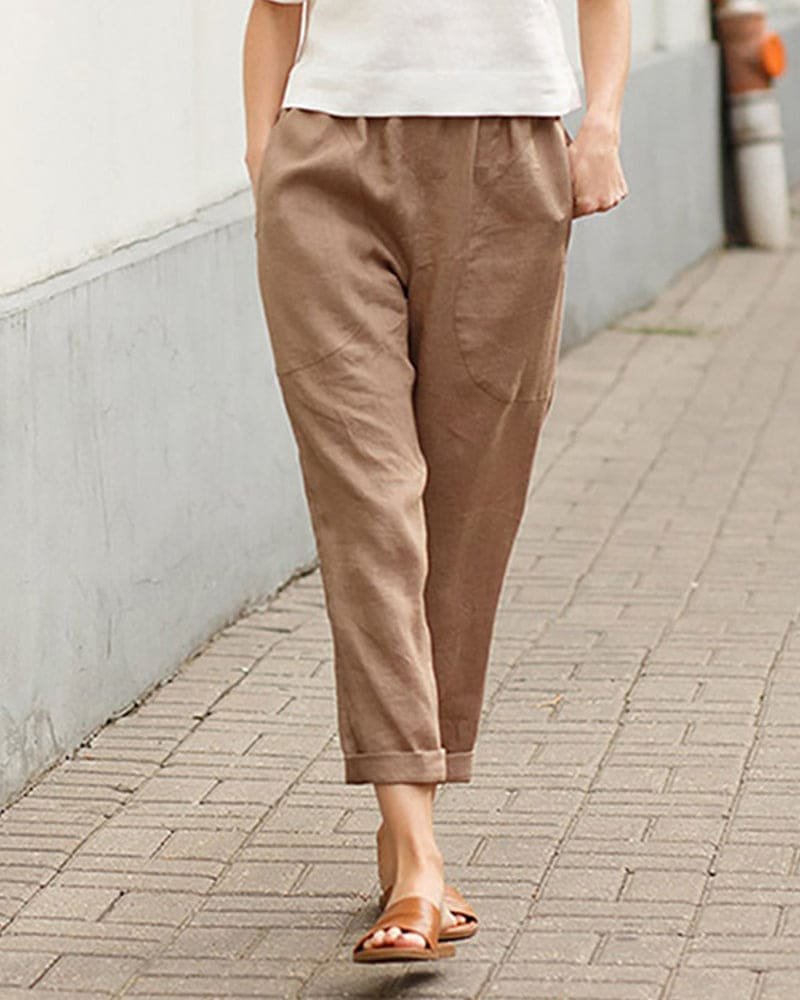 Damen Leinen-Baumwoll Harem-Hose mit Elastikbund - Khaki