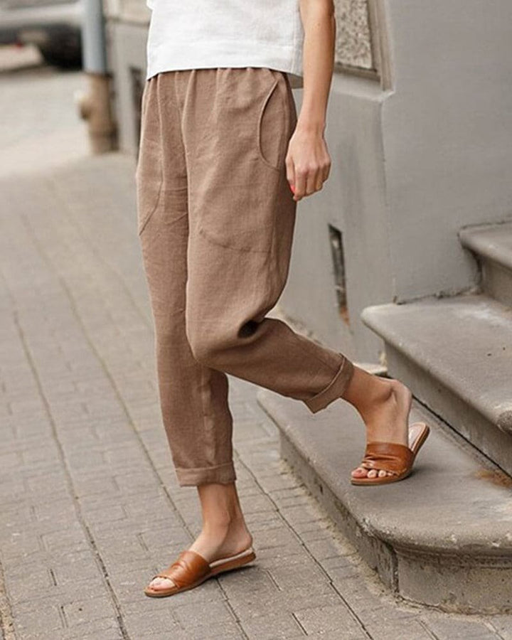 Damen Leinen-Baumwoll Harem-Hose mit Elastikbund