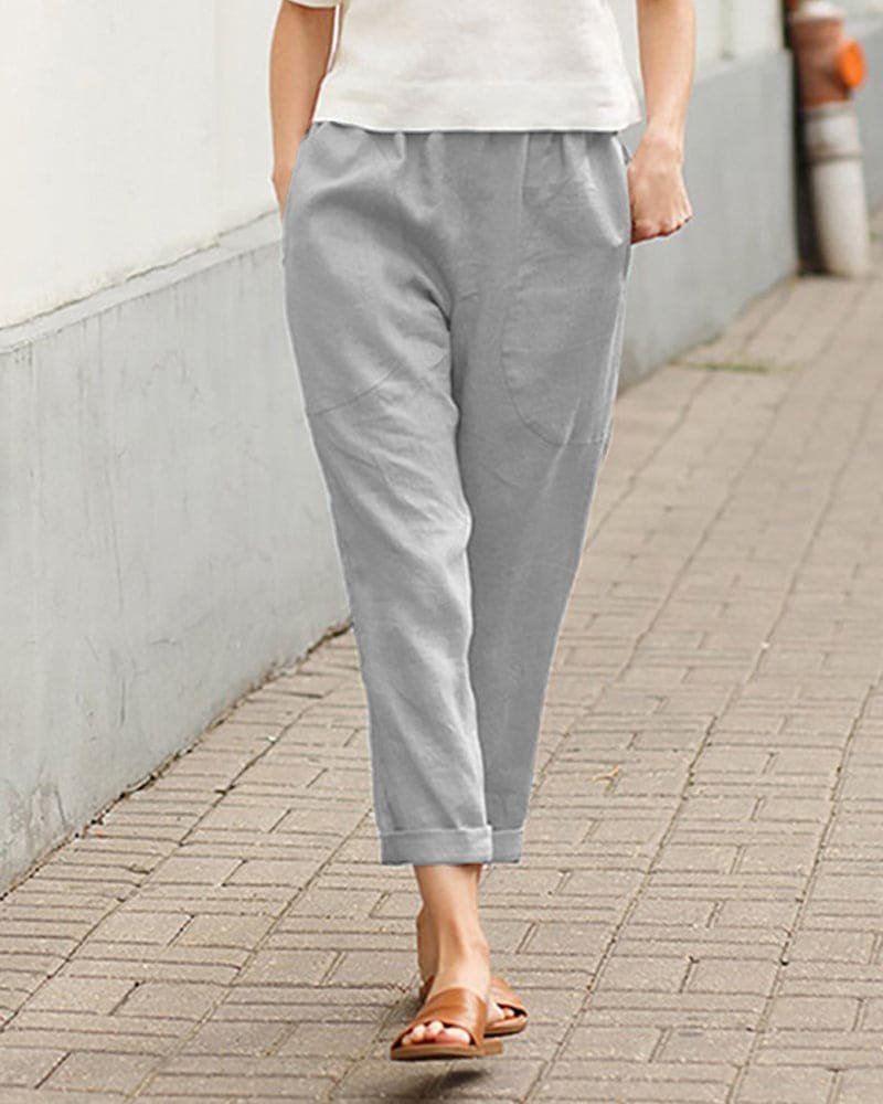 Damen Leinen-Baumwoll Harem-Hose mit Elastikbund - Gray