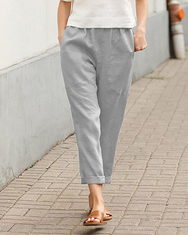 Damen Leinen-Baumwoll Harem-Hose mit Elastikbund - Gray