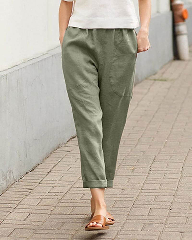 Damen Leinen-Baumwoll Harem-Hose mit Elastikbund - Green